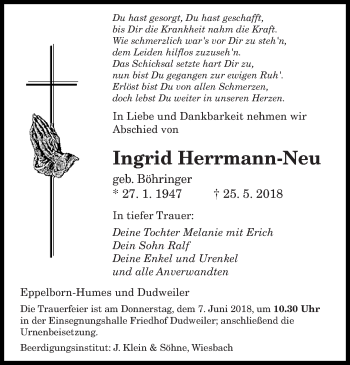 Todesanzeige von Ingrid Herrmann-Neu von saarbruecker_zeitung