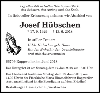 Todesanzeige von Josef Hübschen von saarbruecker_zeitung