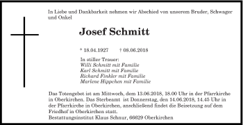 Todesanzeige von Josef Schmitt von saarbruecker_zeitung