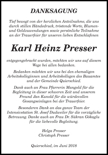 Todesanzeige von Karl Heinz Presser von saarbruecker_zeitung