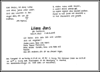 Todesanzeige von Liliana Hans von saarbruecker_zeitung