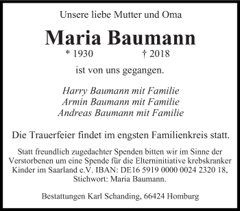 Todesanzeige von Maria Baumann von saarbruecker_zeitung