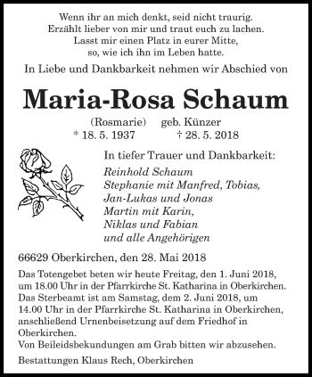 Todesanzeige von Maria-Rosa Schaum von saarbruecker_zeitung