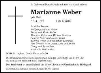 Todesanzeige von Marianne Weber von saarbruecker_zeitung