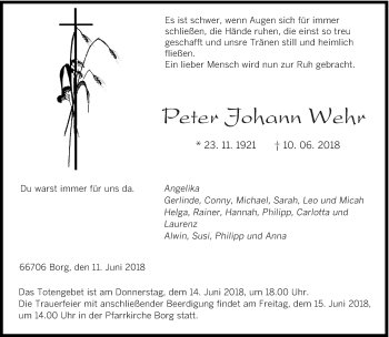 Todesanzeige von Peter Johann Wehr von saarbruecker_zeitung