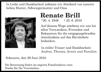 Todesanzeige von Renate Brill von saarbruecker_zeitung