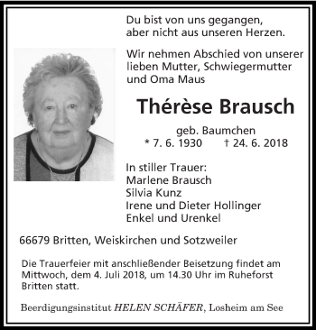 Todesanzeige von Thérèse Brausch von saarbruecker_zeitung