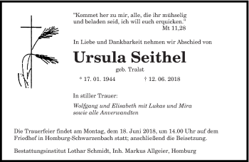 Todesanzeige von Ursula Seithel von saarbruecker_zeitung