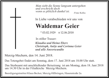 Todesanzeige von Waldemar Geier von saarbruecker_zeitung