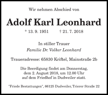 Todesanzeige von Adolf Karl Leonhard von saarbruecker_zeitung