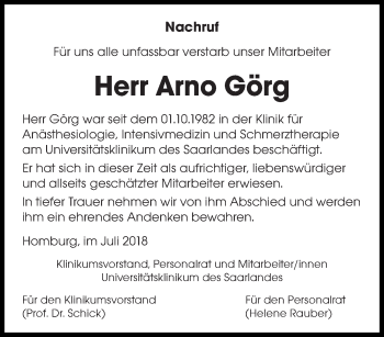 Todesanzeige von Arno Görg von saarbruecker_zeitung