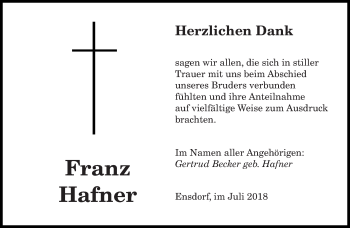 Todesanzeige von Franz Hafner von saarbruecker_zeitung