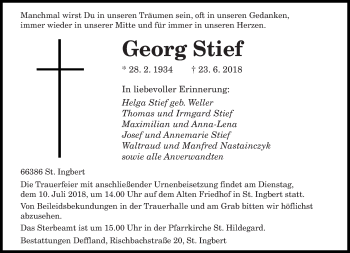 Todesanzeige von Georg Stief von saarbruecker_zeitung