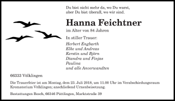 Todesanzeige von Hanna Feichtner von saarbruecker_zeitung