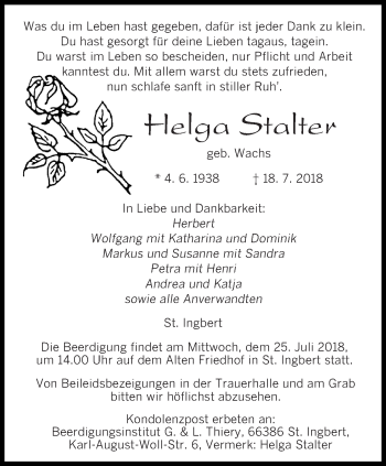 Todesanzeige von Helga Stalter von saarbruecker_zeitung