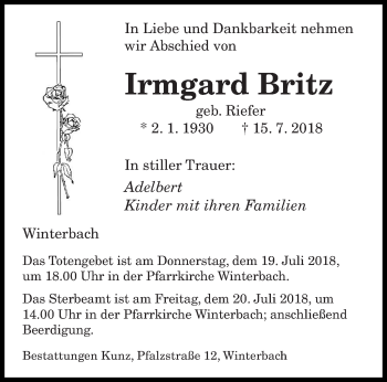Todesanzeige von Irmgard Britz von saarbruecker_zeitung