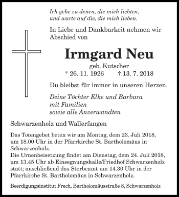 Todesanzeige von Irmgard Neu von saarbruecker_zeitung