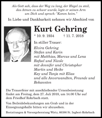 Todesanzeige von Kurt Gehring von saarbruecker_zeitung