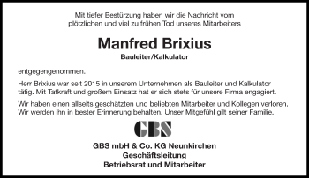 Todesanzeige von Manfred Brixius von saarbruecker_zeitung