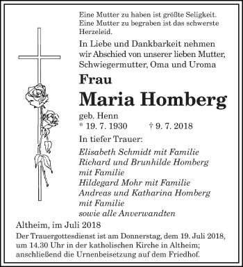 Todesanzeige von Maria Homberg von saarbruecker_zeitung