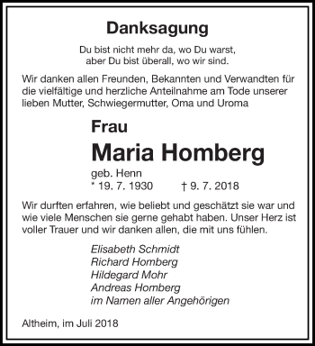 Todesanzeige von Maria Homberg von saarbruecker_zeitung