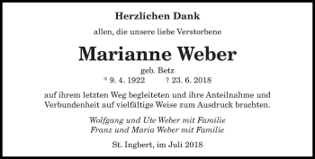 Todesanzeige von Marianne Weber von saarbruecker_zeitung