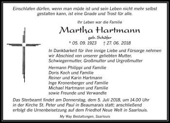 Todesanzeige von Martha Hartmann von saarbruecker_zeitung