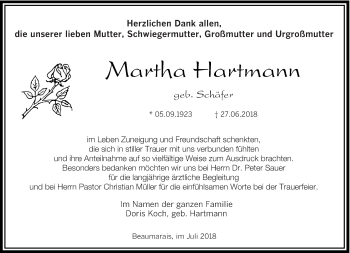 Todesanzeige von Martha Hartmann von saarbruecker_zeitung