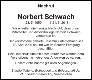 Todesanzeige von Norbert Schwach von saarbruecker_zeitung