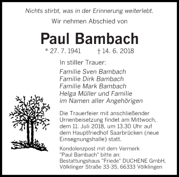 Todesanzeige von Paul Bambach von saarbruecker_zeitung