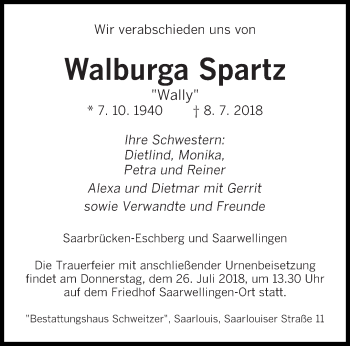 Todesanzeige von Walburga Spartz von saarbruecker_zeitung
