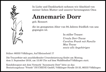 Todesanzeige von Annemarie Dorr von saarbruecker_zeitung