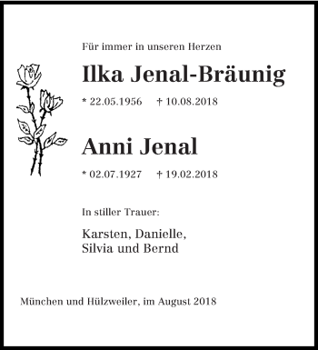 Todesanzeige von Anni Jenal und Ilka Jenal-Bräunig von saarbruecker_zeitung