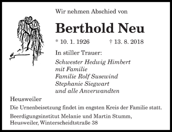 Todesanzeige von Berthold Neu von saarbruecker_zeitung