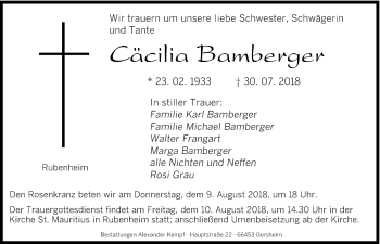 Todesanzeige von Cäcilia Bamberger von saarbruecker_zeitung