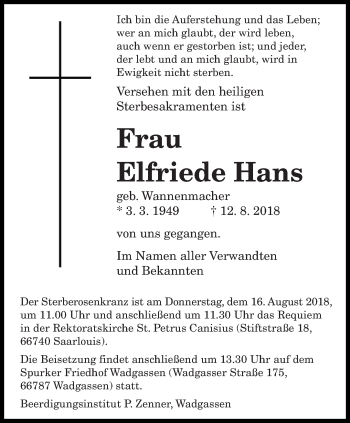 Todesanzeige von Elfriede Hans von saarbruecker_zeitung