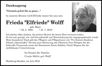 Todesanzeige von Elfriede Wolff von saarbruecker_zeitung