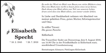 Todesanzeige von Elisabeth Specht von saarbruecker_zeitung