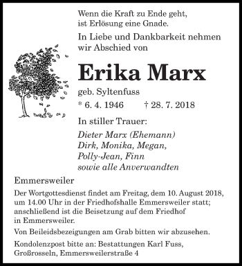 Todesanzeige von Erika Marx von saarbruecker_zeitung