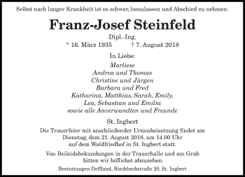Todesanzeige von Franz-Josef Steinfeld von saarbruecker_zeitung