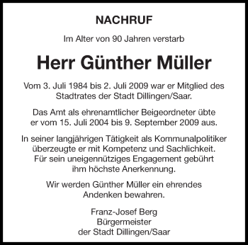 Todesanzeige von Günther Müller von saarbruecker_zeitung