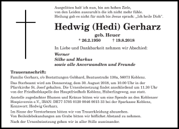 Todesanzeige von Hedwig Gerharz von saarbruecker_zeitung
