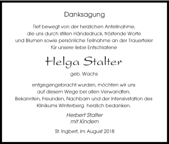 Todesanzeige von Helga Stalter von saarbruecker_zeitung