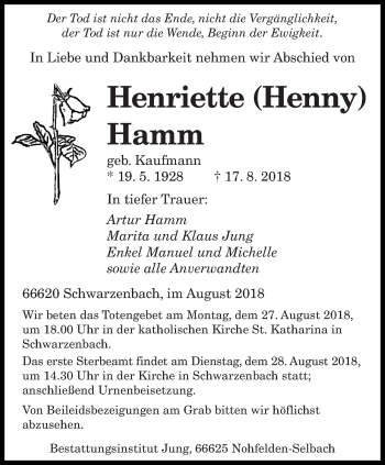Todesanzeige von Henriette Hamm von saarbruecker_zeitung