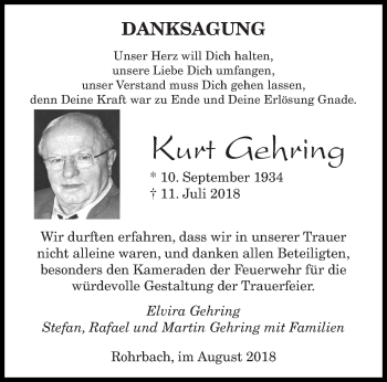 Todesanzeige von Kurt Gehring von saarbruecker_zeitung