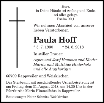 Todesanzeige von Paula Hoff von saarbruecker_zeitung