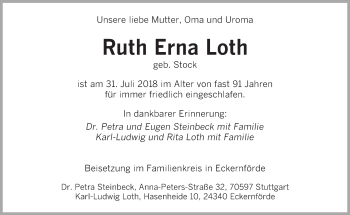 Todesanzeige von Ruth Erna Loth von saarbruecker_zeitung
