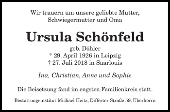 Todesanzeige von Ursula Schönfeld von saarbruecker_zeitung