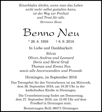 Todesanzeige von Benno Neu von saarbruecker_zeitung