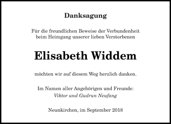 Todesanzeige von Elisabeth Widdern von saarbruecker_zeitung